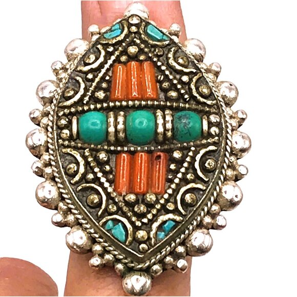 Tibetan Silver Coral Turquoise Ring Old Large Afghan Nepal Filigree Vintage - Picture 5 of 6